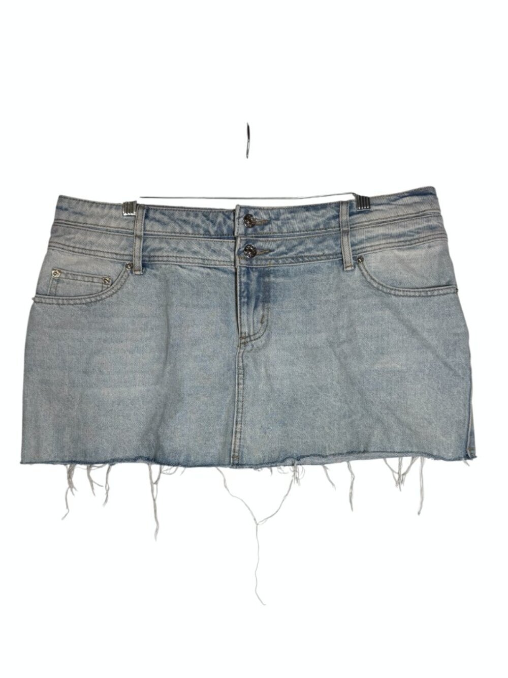 EDIKTED Double Waist Denim Miniskirt Light Blue Wash Fray Hem Size XL